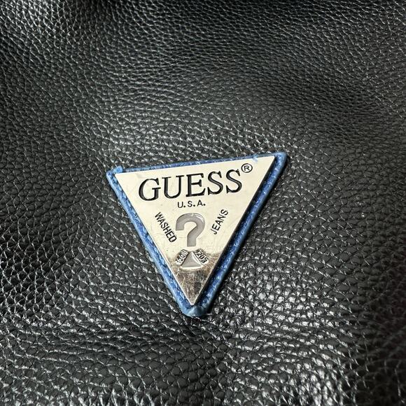 Guess Backpack Black Blue Pebbled Leather Silver Metal Logo Bag 10"x11.75"x4" - Picture 6 of 13